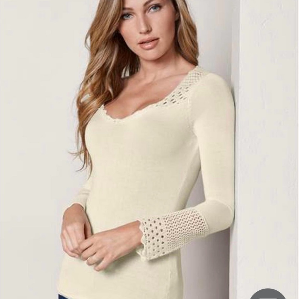 VENUS Beige Long Sleeve Top with Crochet Details